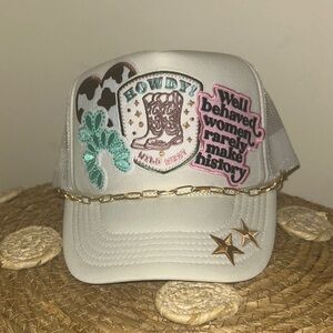 White Trucker Hat with Embroidered Patches & Details- New! NBW